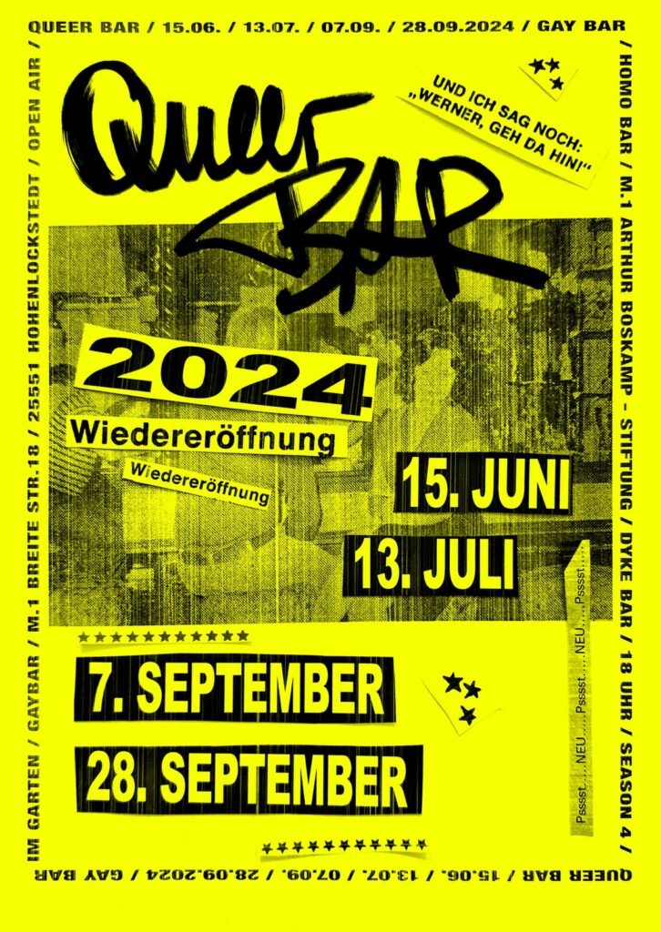 Flyer der Queer Bar der Arthur Boskamp -Stiftung. Gelber Hintergrund mit schwarzem Text zu den genauen Terminen 15. Juni, 13. Juli, 7. September und 28. September 2024